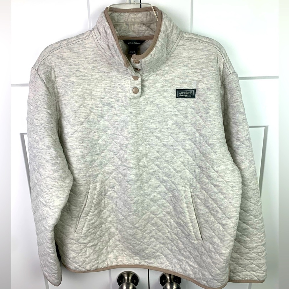 Eddie Bauer XL Quilted Pullover Quarter Snap Beige Sweater - Picture 1 of 6